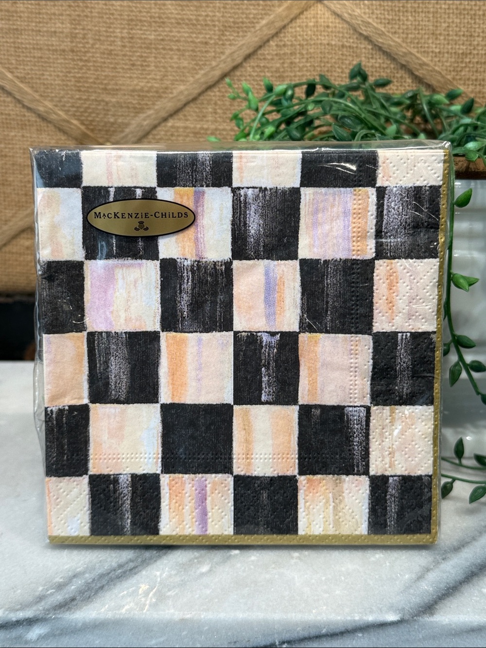 MacKenzie-Childs Black, Peach & Lavender Checker Napkins